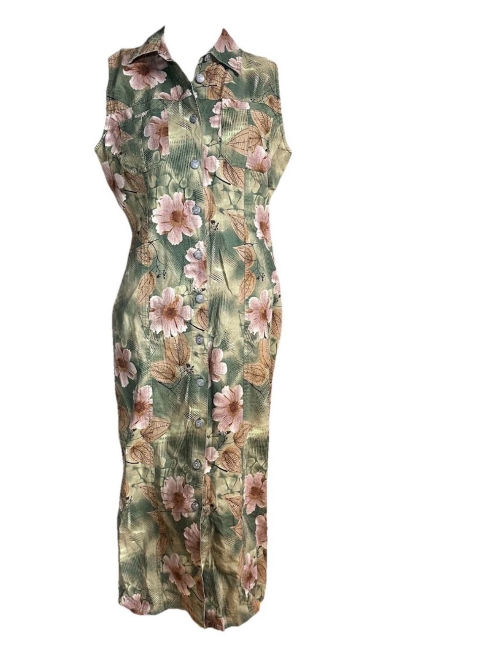 Vintage 90s Bill Blass Dress M/L  Flower Midi Maxi Button Front Linen